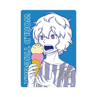 World Trigger NatsuComi 2026 metallic foil card featuring an illustrated character eating ice cream with a printed signature.