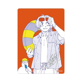 NatsuComi 2026 metallic foil card featuring an orange background, anime character illustration, and a printed creator signature.