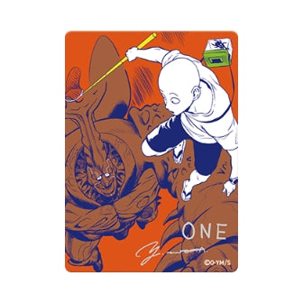 One Punch Man metallic foil NatsuComi 2026 promo card featuring Saitama with a printed creator signature on orange.