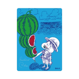 NatsuComi 2026 One Piece metallic foil card featuring Luffy eating watermelon with Eiichiro Oda's printed signature.