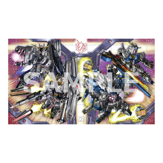 Nu Gundam rubber playmat featuring dynamic mecha illustrations on a 60x35cm polyester surface with a non-slip base.