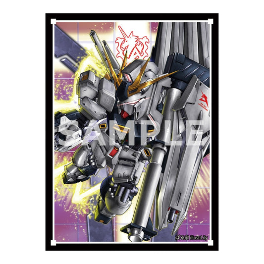 Nu Gundam protective card sleeve featuring a detailed white and grey mecha illustration against a purple grid background.