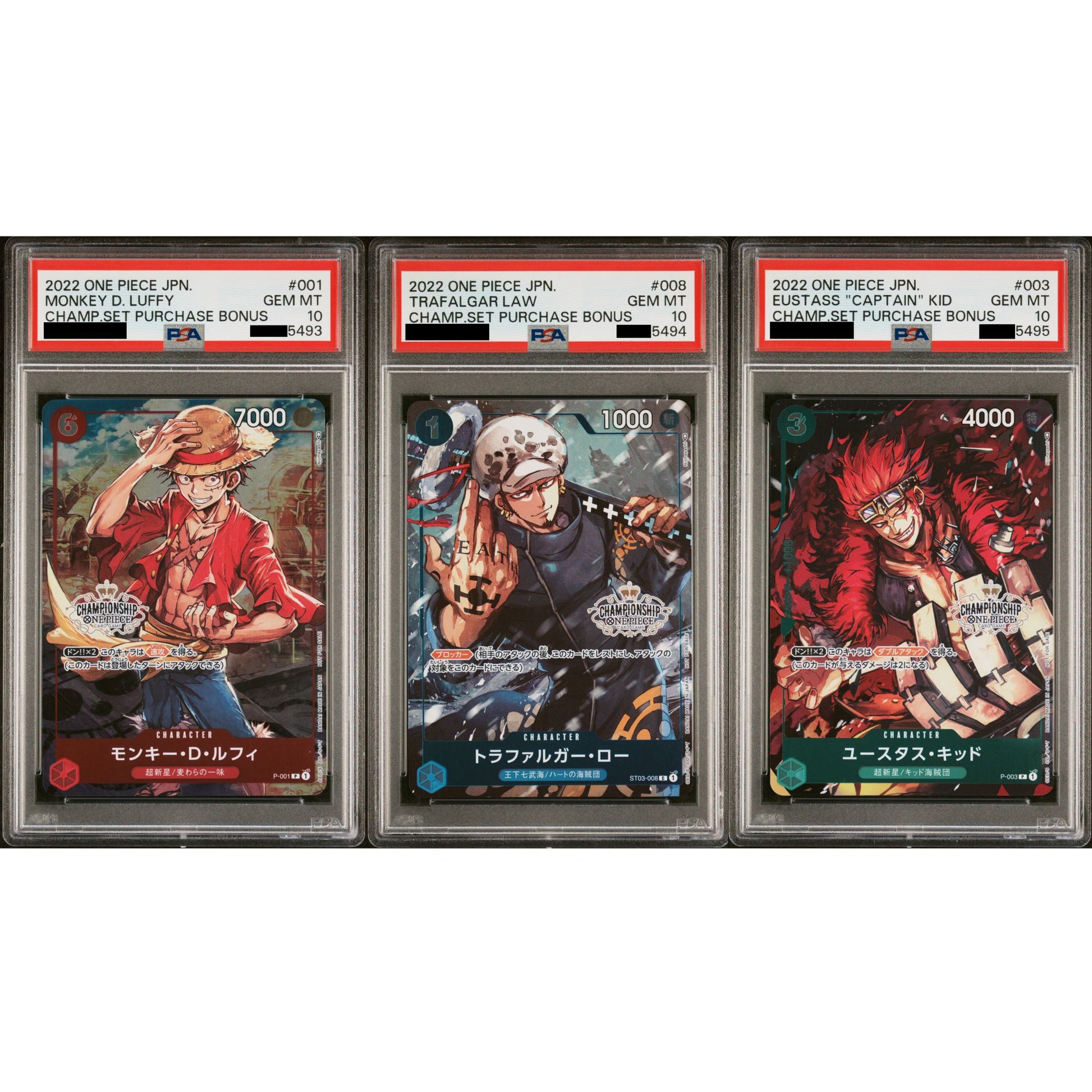 Three sequential Japanese One Piece Championship Promo cards: Luffy, Law, and Kid, in clear graded cases.