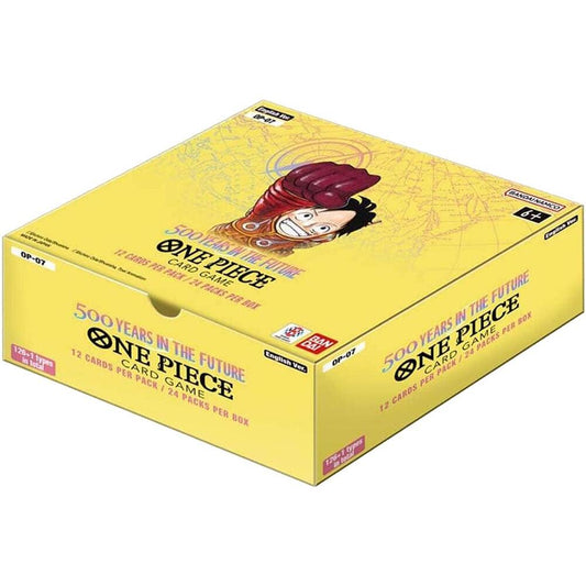 Yellow One Piece TCG: 500 Years in the Future (OP-07) Booster Box with Luffy art.