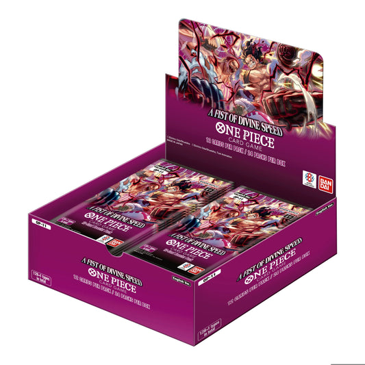 One Piece Card Game A Fist of Divine Speed OP-11 booster box featuring Luffy and Katakuri on purple packaging.