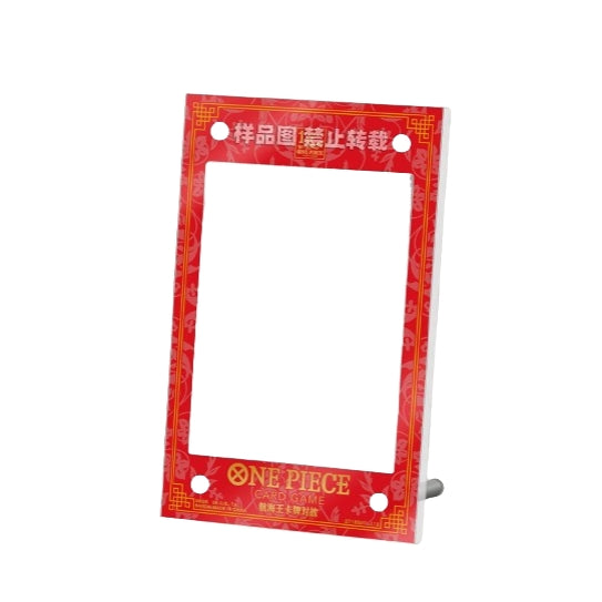 Red acrylic One Piece Card Game frame with gold Chinese 1st Anniversary Nami design and metal leg.