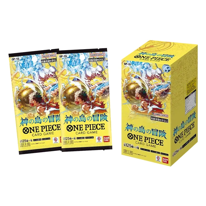 One Piece Card Game Adventure on KAMI's Island booster box and two matching yellow foil packs featuring Luffy artwork.