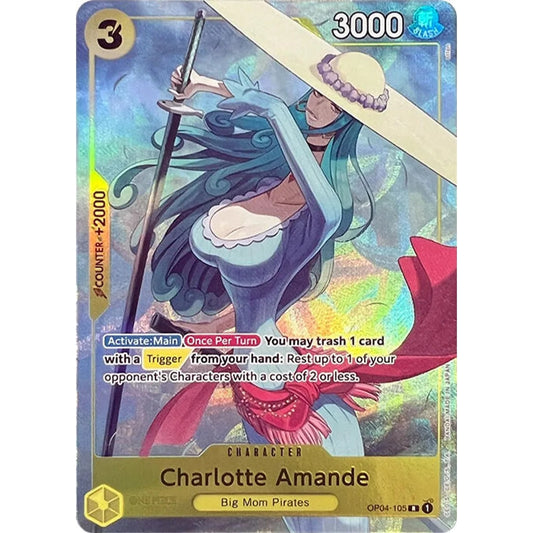 Holographic Amande OP04-105 One Piece trading card featuring a character in a wide-brimmed hat.