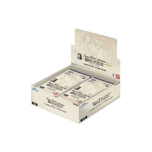 One Piece Card Game Anime 25th Collection EB-02 booster box featuring cream-colored packaging and illustrated card packs.