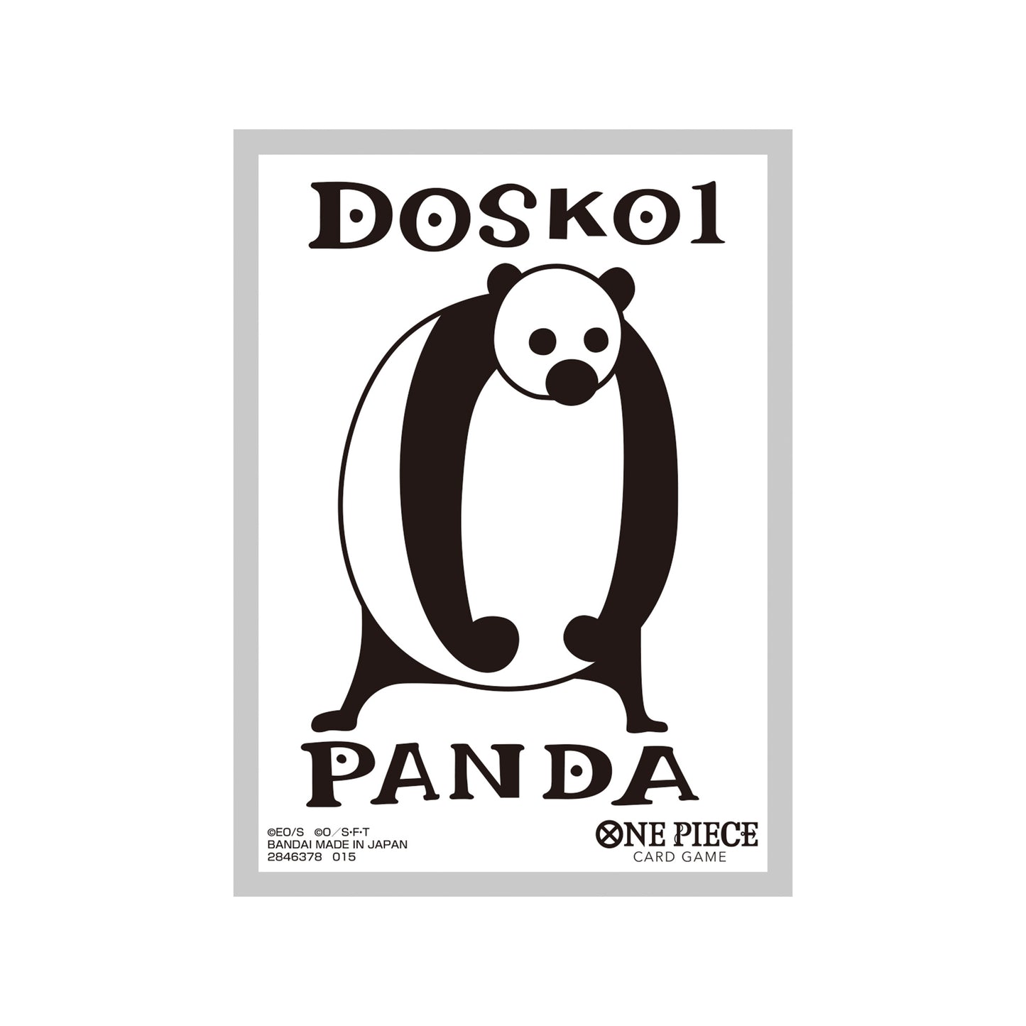 One Piece Card Game protective sleeve featuring a black and white Doskoi Panda design on a white background.