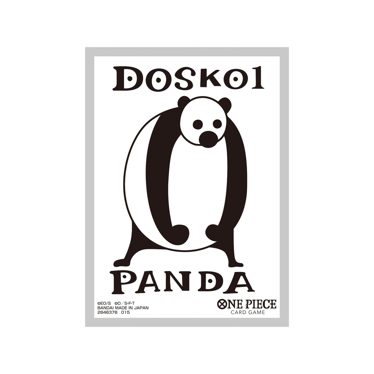 One Piece Card Game protective sleeve featuring a black and white Doskoi Panda design on a white background.