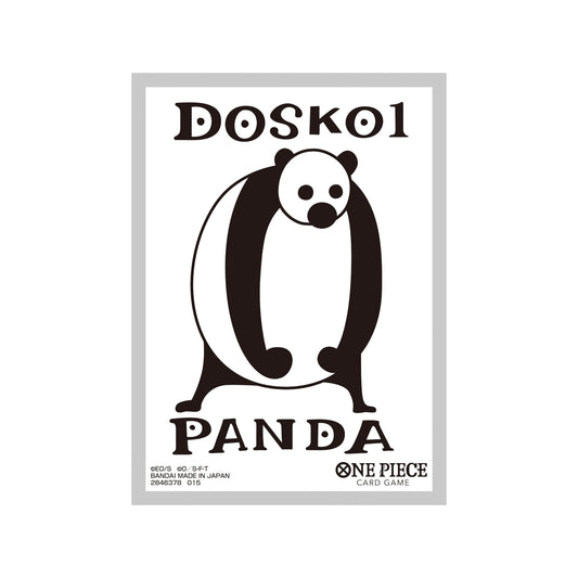 One Piece Card Game protective sleeve featuring a black and white Doskoi Panda design on a white background.