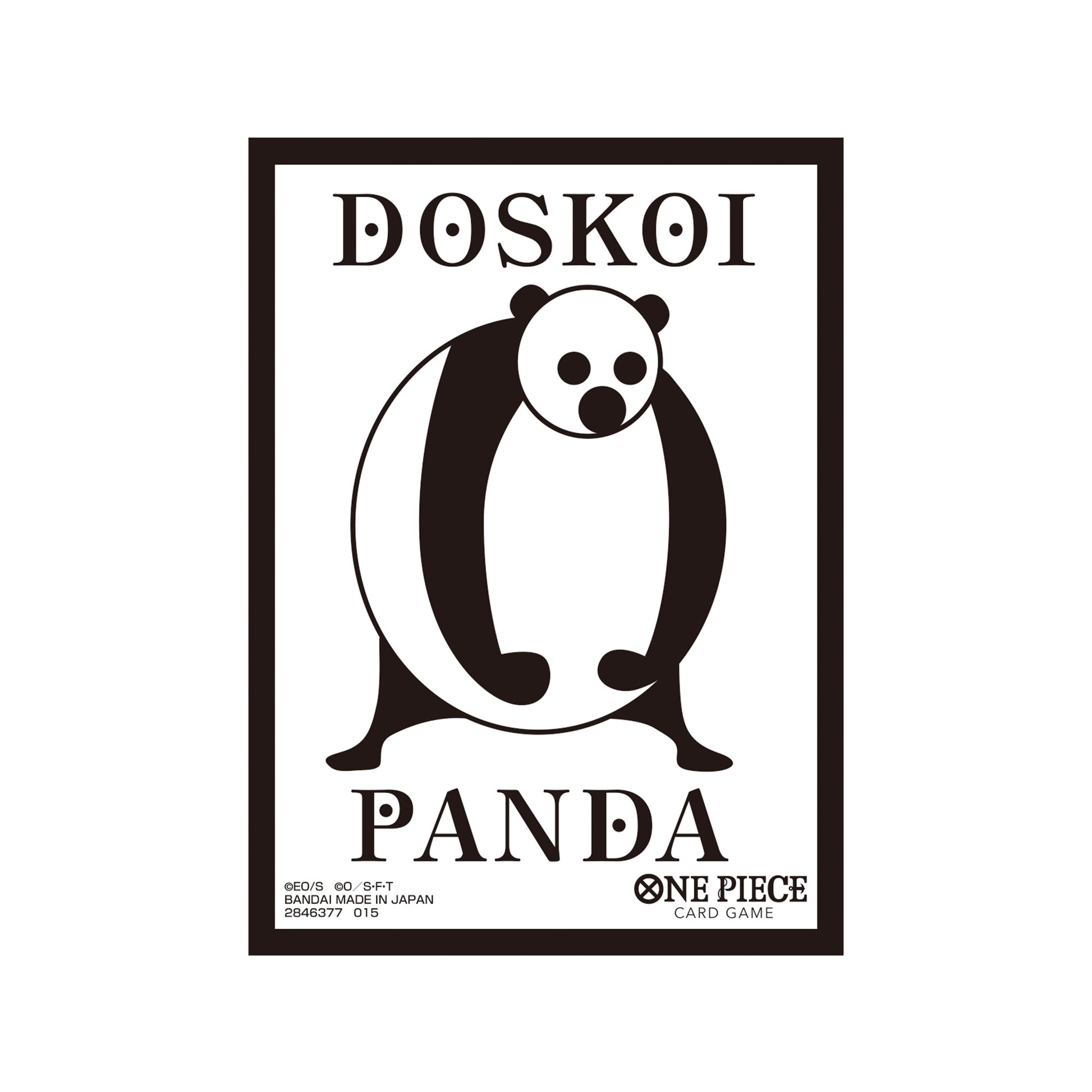 One Piece Card Game protective sleeve featuring a black and white Doskoi Panda design with official branding.