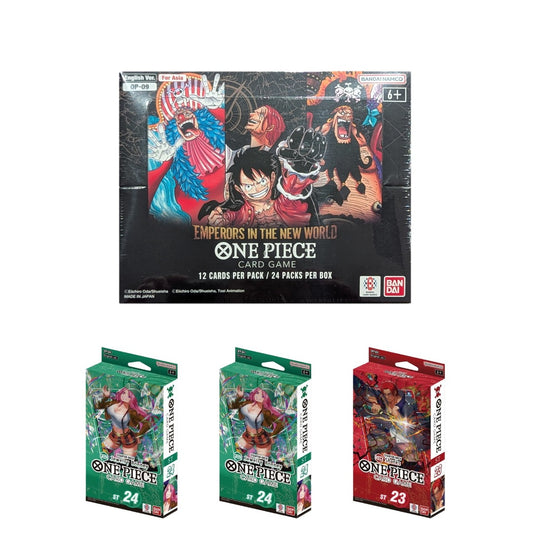 One Piece OP-09 booster box with two green Jewelry Bonney starter decks and one red Shanks starter deck.