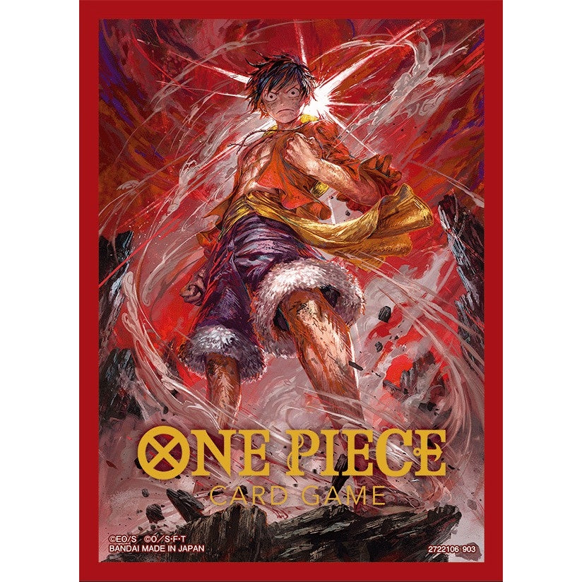 One Piece Card Game protective sleeve featuring Luffy in a dynamic red and black battle illustration.