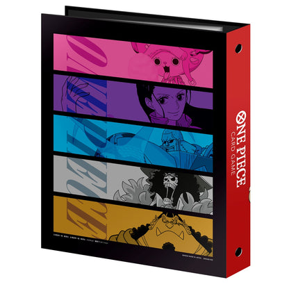 Black One Piece Card Game binder with colorful anime character panels: Chopper, Robin, Franky, Brook, and Jinbe.