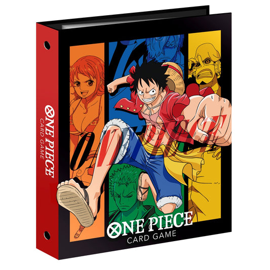 Black 9-pocket One Piece Card Game binder featuring Luffy, Nami, and Zoro in anime style.