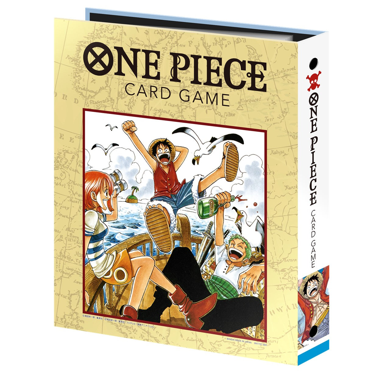 One Piece Card Game 9-pocket binder, manga version, featuring Luffy, Nami, and Zoro on a ship, with a map background.