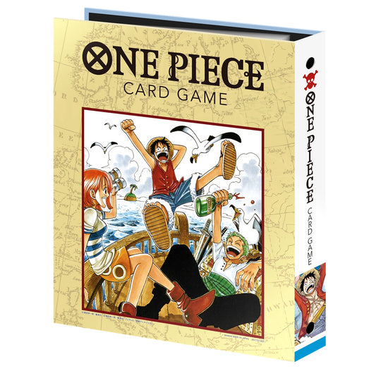 One Piece Card Game 9-pocket binder, manga version, featuring Luffy, Nami, and Zoro on a ship, with a map background.