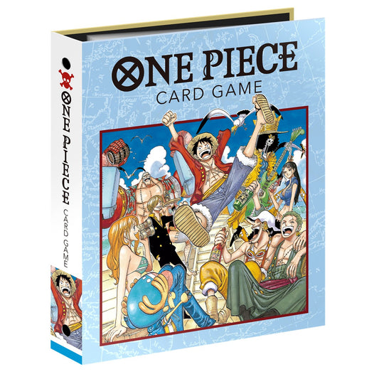 Light blue One Piece Card Game 9-pocket binder with manga art of Luffy and crew on a map background.