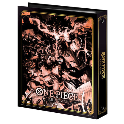 Black One Piece Card Game 9-pocket binder with original illustration of characters and gold trim.