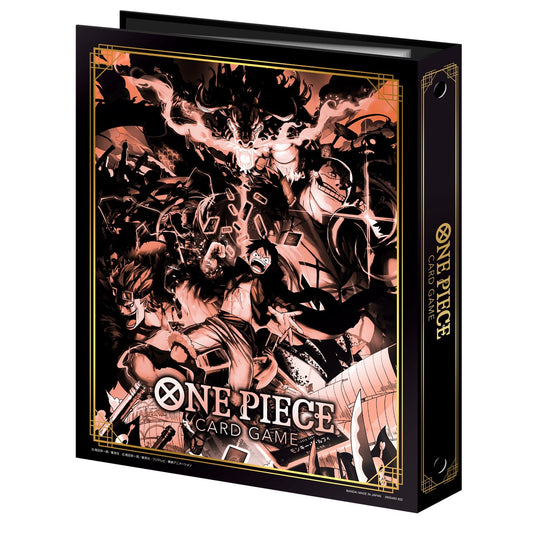 Black One Piece Card Game 9-pocket binder with original illustration of characters and gold trim.
