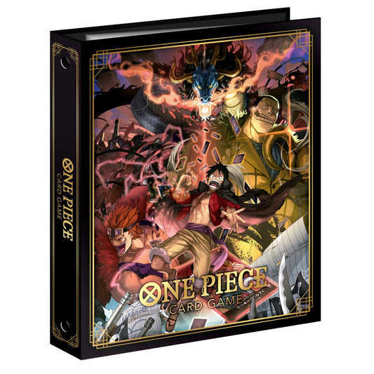 Black One Piece Card Game 9-pocket binder with original illustration of Luffy, Kaido, and other characters.