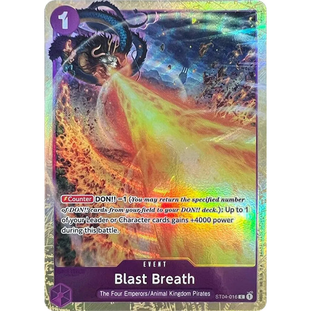 Holographic One Piece TCG Blast Breath ST04-016 card with a dragon breathing fire.