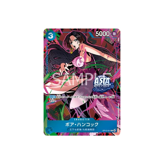 Japanese One Piece Card Game Boa Hancock OP13-051 promo card featuring vibrant purple and green stylized character art.