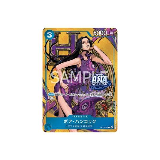 Japanese Boa Hancock OP13-051 One Piece card featuring a purple dress design on a vibrant gold foil background.