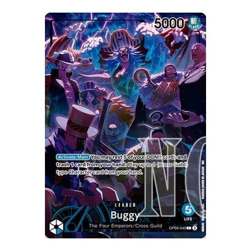 Near Mint One Piece Card Game Buggy OP09-042 leader card featuring vibrant purple and blue Cross Guild character art.