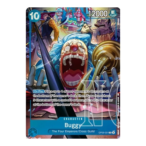 Buggy OP09-051 2nd Anniversary One Piece card featuring a vibrant blue character design with a large sword and text.