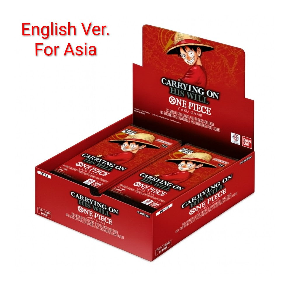 Red One Piece Card Game Carrying on His Will booster box featuring Monkey D. Luffy on the packaging and individual packs.
