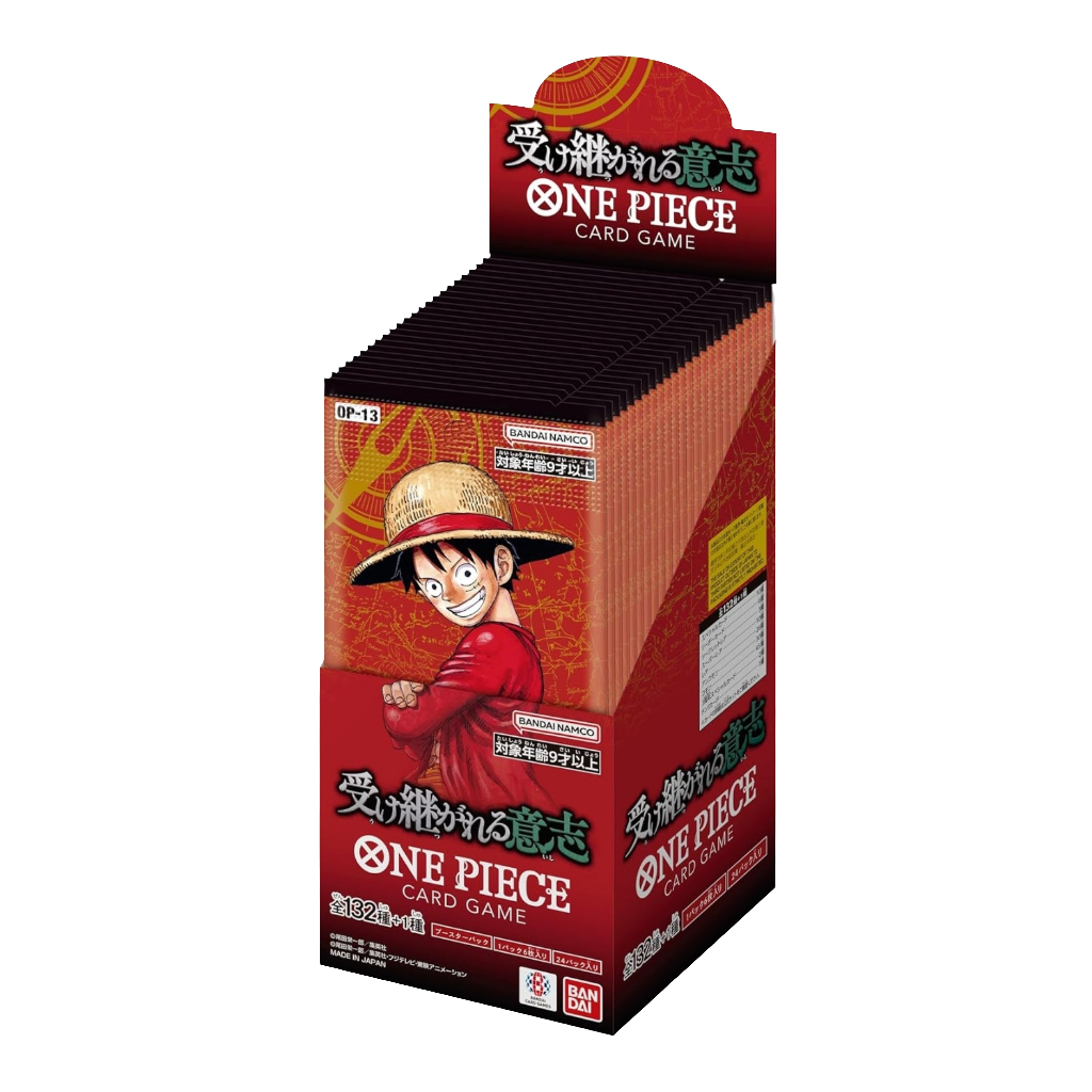 One Piece Card Game OP-13 Carrying on His Will Japanese booster box featuring Luffy on red packaging.