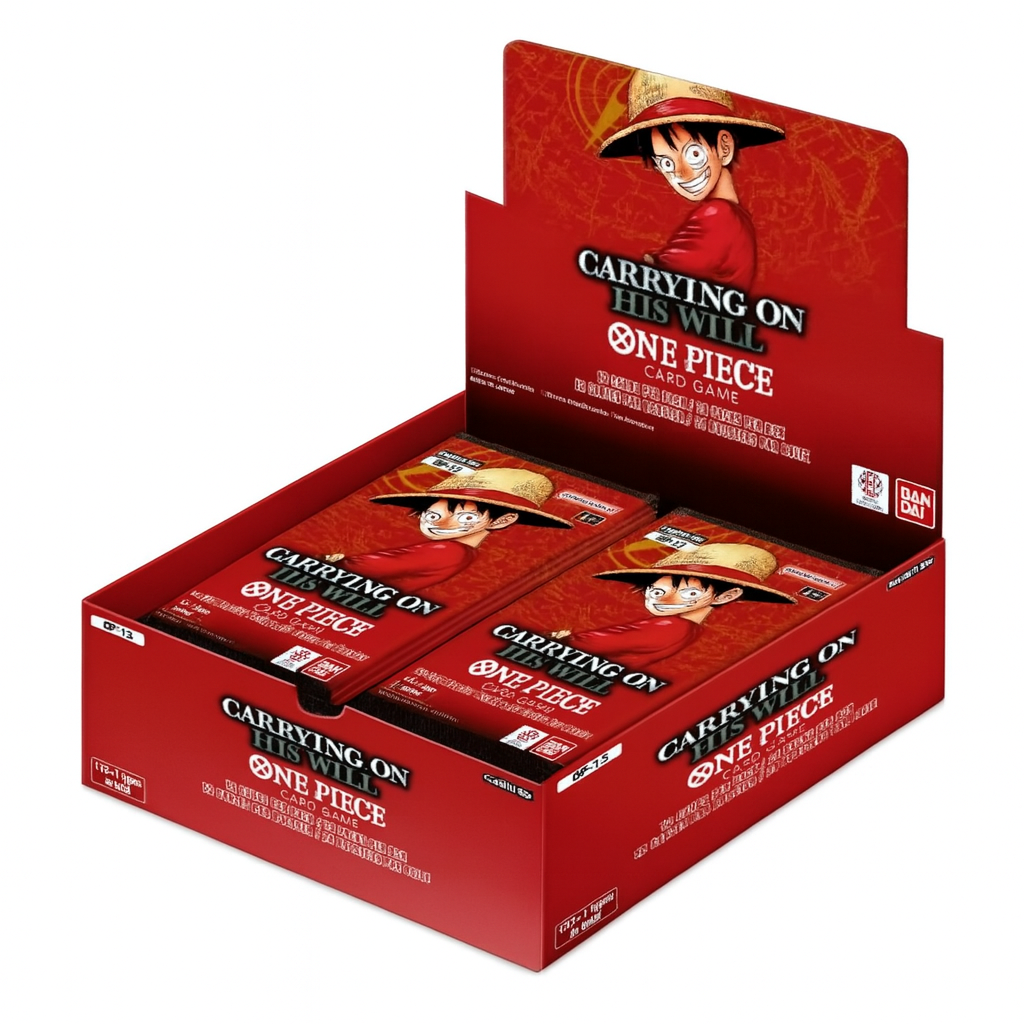 One Piece Card Game Carrying on His Will booster box in red featuring Monkey D. Luffy on the packaging and card packs.