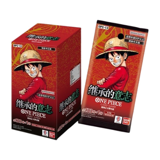 One Piece Card Game Carrying on His Will booster box and pack featuring Monkey D. Luffy on red packaging.