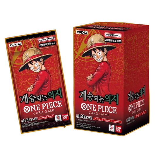 One Piece Card Game Carrying on His Will booster box and pack featuring Luffy on a red background with gold accents.