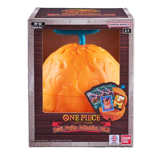 One Piece TCG Devil Fruits Collection Vol. 2 box with an orange Flame-Flame Fruit case and cards.