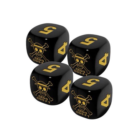 Set of four black acrylic One Piece 2nd Anniversary dice featuring gold Luffy skull and crossbones logos and number five.
