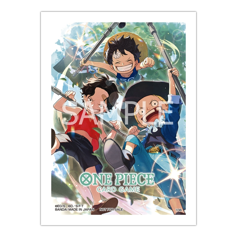 One Piece Card Game protective sleeve featuring young Luffy, Ace, and Sabo with a vibrant, illustrated forest background.