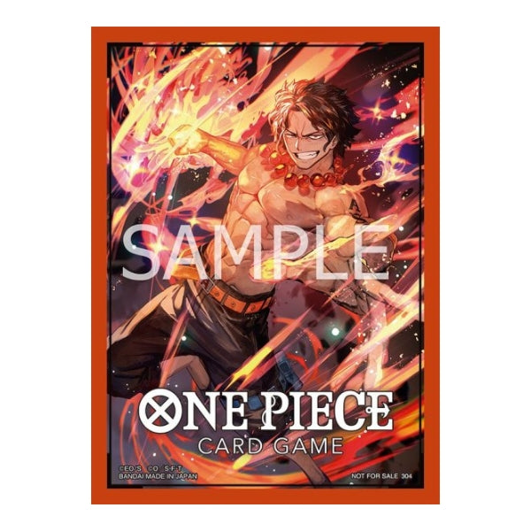 One Piece Card Game protective sleeve featuring Portgas D. Ace surrounded by orange flames with a bold orange border.