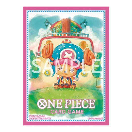 One Piece Card Game Don! sleeve featuring Tony Tony Chopper in front of a ship, framed by a vibrant pink border.