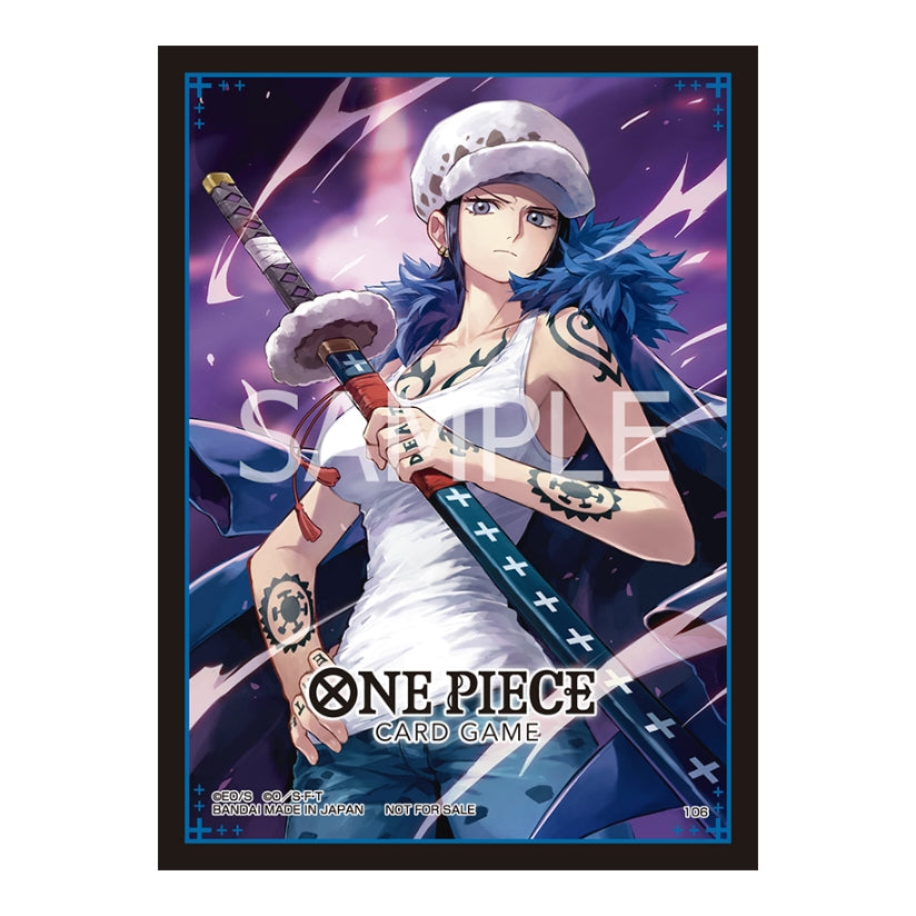 One Piece Card Game protective sleeve featuring Trafalgar Law with his sword against a purple background.