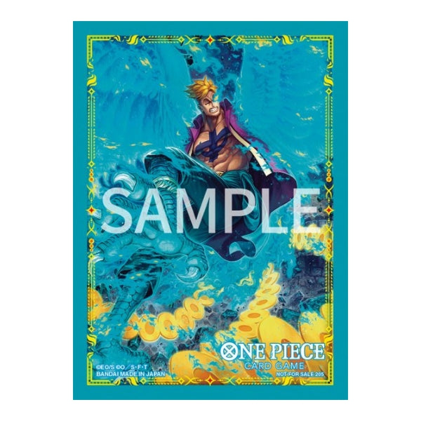 One Piece Card Game protective sleeve featuring Marco in blue, with a decorative yellow border and official branding.