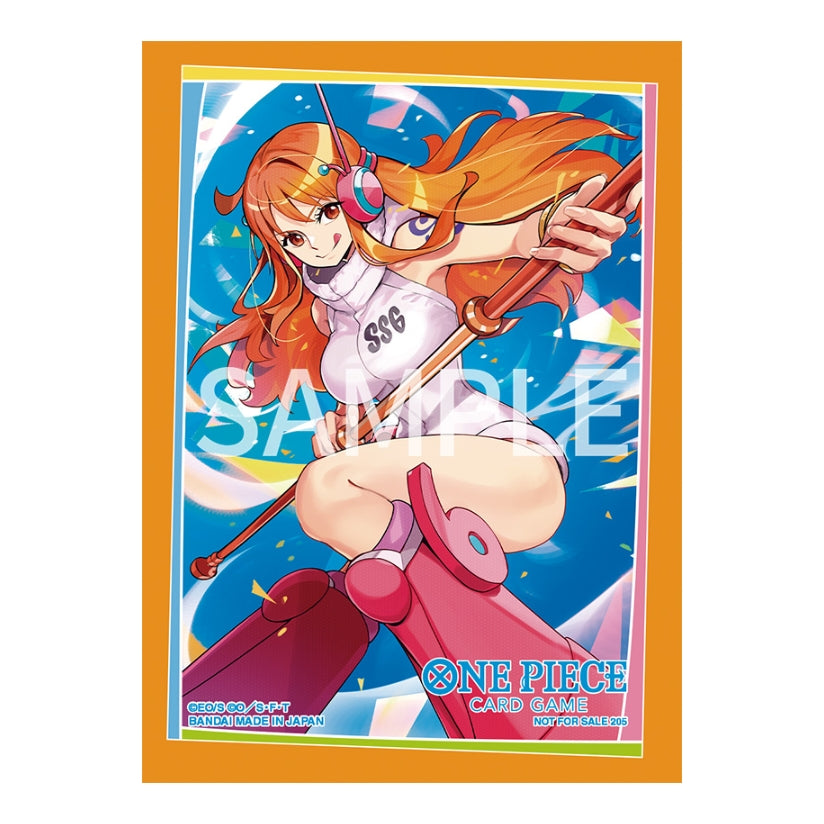 One Piece Card Game Nami protective sleeve featuring an orange-haired anime character in a white outfit on a blue background.