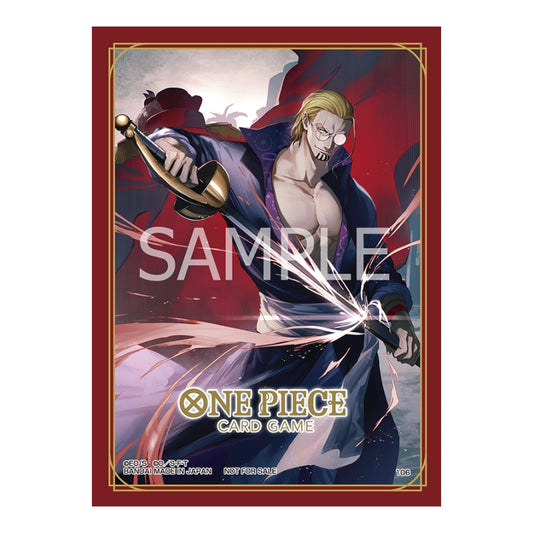 One Piece Card Game protective sleeve featuring Rayleigh with a sword, framed in a deep red border with gold accents.