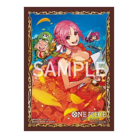 One Piece Card Game Rebecca protective sleeve featuring a pink-haired character in an orange dress with a decorative brown border.
