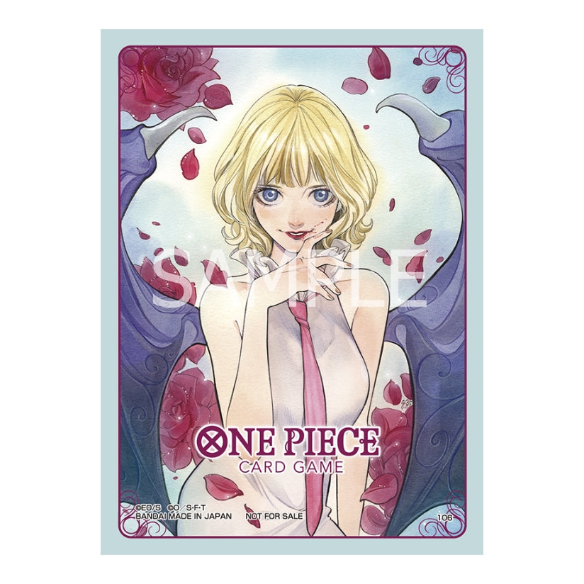 One Piece Card Game protective sleeve featuring Stussy with blonde hair, red roses, and purple wings in a 10-pack set.