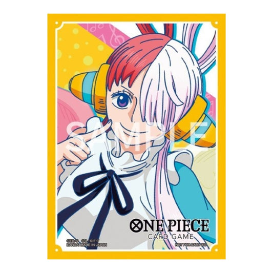 One Piece Card Game protective sleeve featuring Uta with red and white hair, yellow headphones, and a colorful musical design.