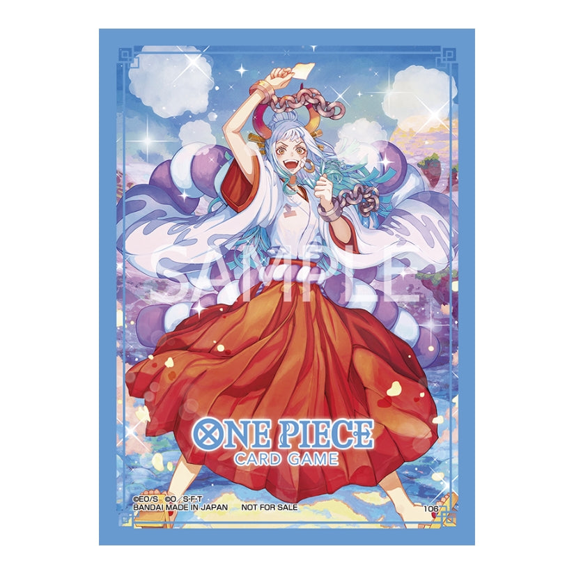 Blue One Piece Card Game protective sleeve featuring Yamato in a red hakama with a sparkling, illustrated background.